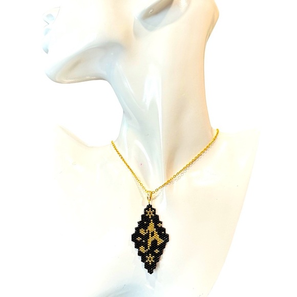 Handcrafted letter “A” leather-backed pendant necklace gold on black  20” chain - Picture 5 of 5